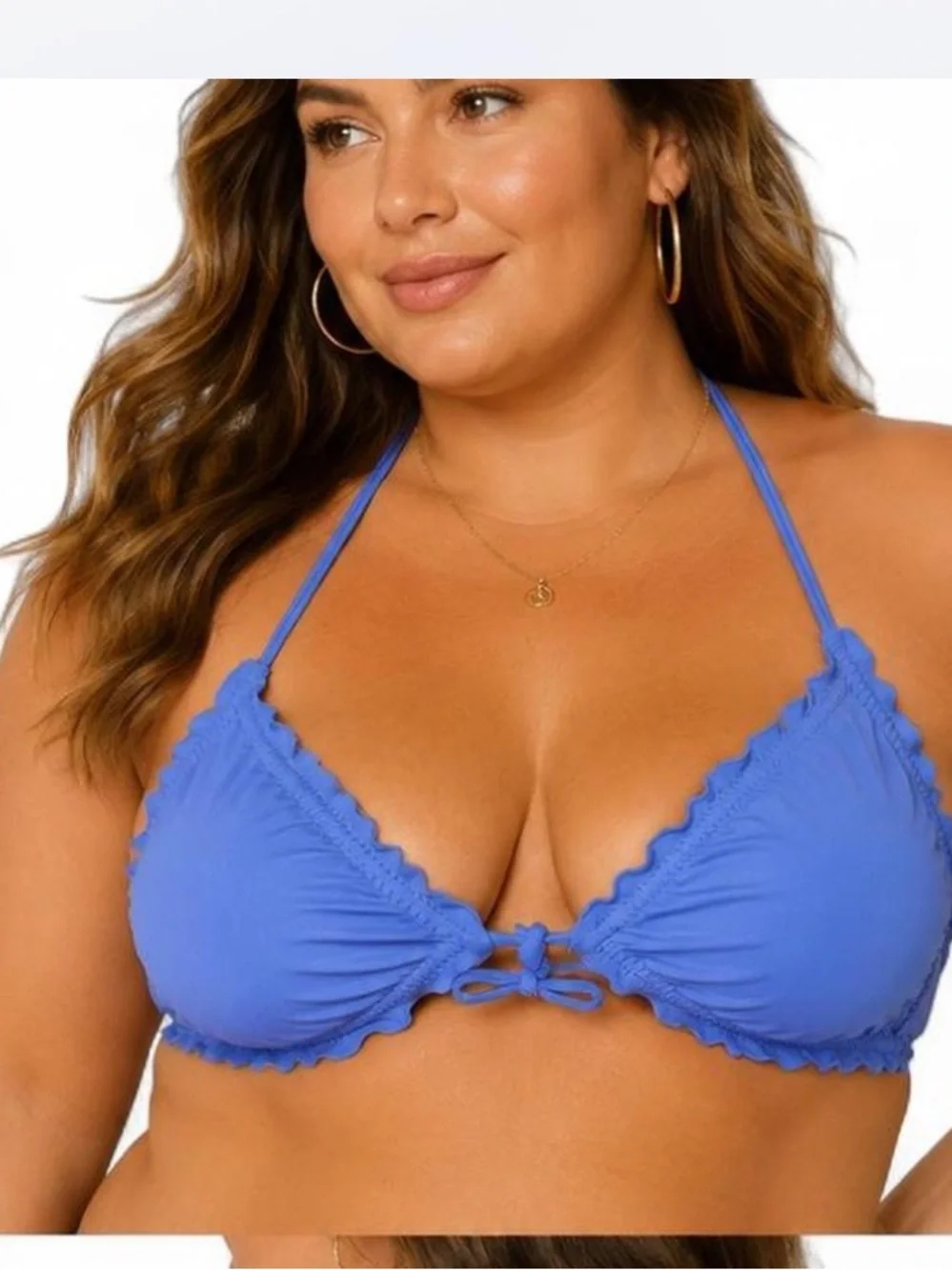 Luli Fama XL Royal Blue Bikini Top Ruffle Ruched Tie Front Halter‎ Swimwear Luxe